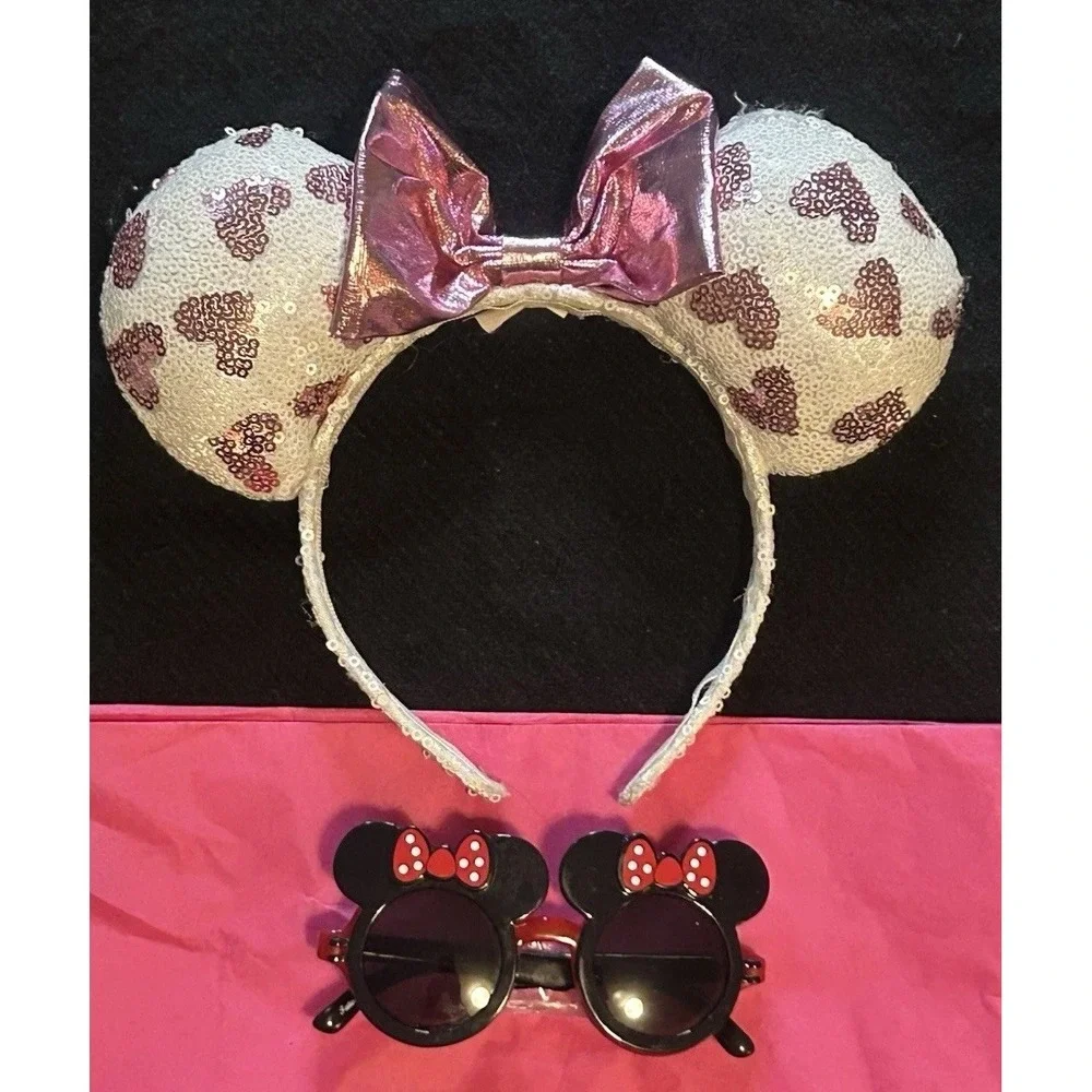 Disney Parks Heart Sequin Minnie Mouse Ears Pink Bow Headband + Glasses (Bonus)